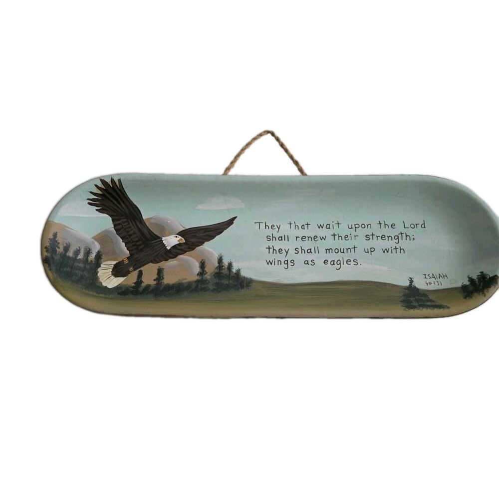 Hand Painted Religious Quote Eagle Folk Art Wall Decor Pottery Christian